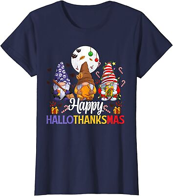 #ad Thanksgiving Christmas Happy Hallothanksmas Gnomes Ladies#x27; Crewneck T Shirt $21.99