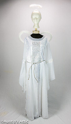 #ad Angel Costume Adult Plus 4 Piece White amp; Silver Long Dress Wings Halo Cord Belt $59.98