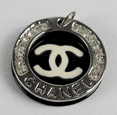 #ad Vintage CHANEL Clear Rhinestone Silver and Black Enamel CC Charm Pendant 1 Inch $48.00