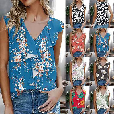 #ad Women Floral Chiffon Sleeveless Tank Tops Summer V Neck Casual Shirt Blouse Tee $17.78