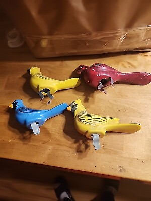 #ad Vintage 4Clip On Bird Bath Tree Sitter Decoy Red amp; 2Yellow Blue Figurines #3A2 $45.00