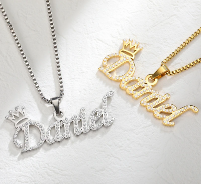 #ad #ad Custom Zircon Crown Name Necklace Pendant Stainless Steel Jewelry Gold Silver $19.89