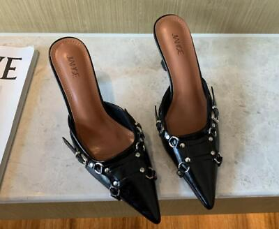 #ad Womens Punk Pointy Toe Rivet Buckle Strap Mules Kitten Mid Heels Slipper shoes $34.64