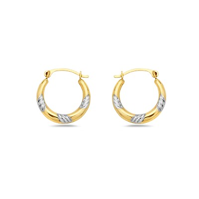 #ad 10K Gold Two Tone Lined Diamond Cut French Lock Hoop Earrings $29.99