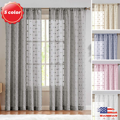 #ad Voile Sheer Window Curtains Embroidered Drapes with Pom Pom Panels of 2 $25.49