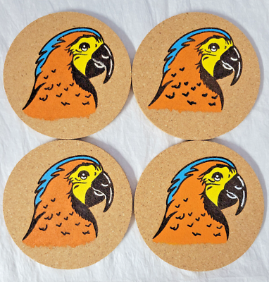 #ad Parrot Cork Coasters Laser Engraved Design Hand Painted and Inked 4in 1 4Thick $20.00