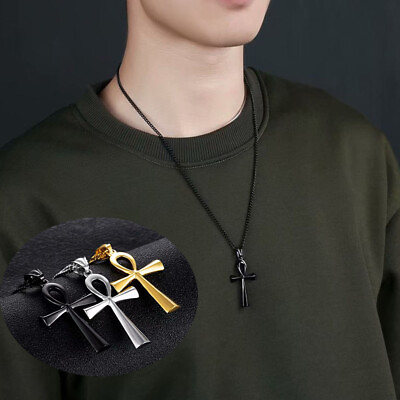 Life Cross Pendant Necklace Stainless Steel Ankh Men Religious Necklace ☆ GBP 2.47