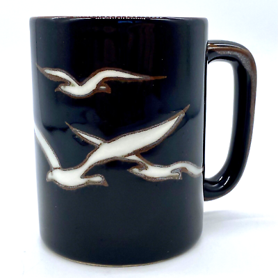 #ad Vintage OTAGIRI Dark Brown Glazed COFFEE MUG Tea Cup Seagulls Birds Hand Painted $14.99