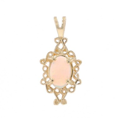 #ad Yellow Gold Opal Solitaire Pendant 14k Oval Cabochon .27ct Scrollwork $109.99