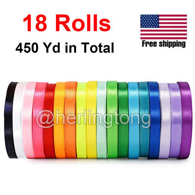 #ad 18 Rolls Satin Ribbon 450 Yard 0.4quot; Gift Wrapping Bulk 18 Colors Fabric Ribbons $9.99