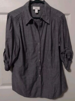 #ad Ann Taylor Loft Soft Shirt Button Front Gray Blue Roll Tab Sleeve XL Lightweight $14.00