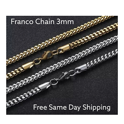 #ad Stainless Steel Gold Plated Franco Chain Necklace 3mm Unisex Hip Hop Jewelry $4.99