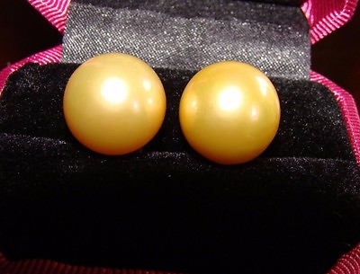 #ad Gorgeous 13 mm Round AAA Freshwater Round Gold pearl stud earring 14k prong $455.00