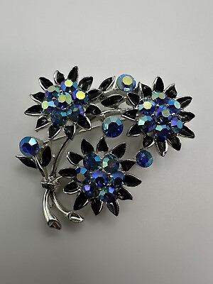 #ad Beautiful Blue Iridescent Rhinestone Flower Brooch by Lisner 5.2cm $38.80