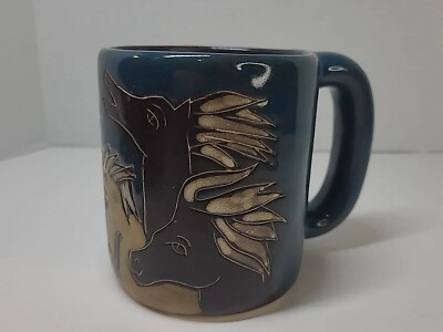 #ad Design By Mara Mexico Art Pottery Signed Large Coffee Mug Horses Teal Brown 16oz $12.99