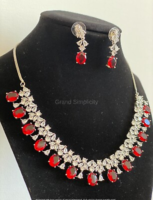 A D Jewelry CZ Stones Lab Ruby Necklace set White Gold Finish Silver Plated $48.00