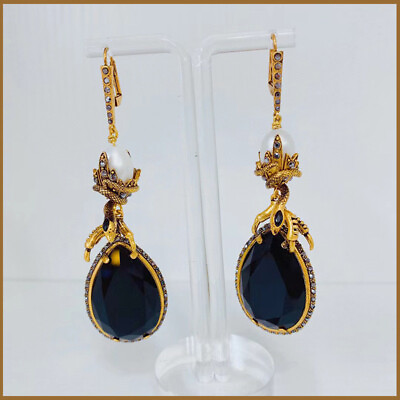#ad Alexander McQueen Drop Earrings Women Antique Gold Tone Black Crystal Teardrop $23.69
