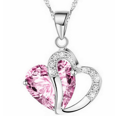 HOT 925 Sterling Silver Necklace Chain Pink Tourmaline Crystal Heart Pendant C15 $9.99