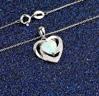 #ad #ad 925 Sterling Silver Opal Heart Pendant Chain Necklace Womens Jewellery New Gift GBP 19.99
