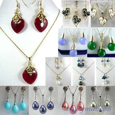 Fashion Jewelry Sets Freshwater Pearl Jade Pendant Necklace Earrings for Women $13.51