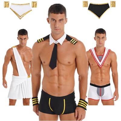 #ad Mens Sailor Cosplay Uniform Outfit Role Play Costume Striped CollarShorts Set $15.46