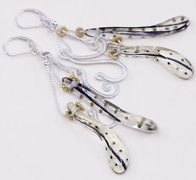 #ad VTG sterling 925 silver handmade earrings resin long nugget with swirl dangles $43.20
