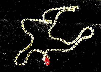 #ad Beautiful Vintage Ruby Like amp; Diamond Like Necklace Spectacular Sparkle 16” $24.00
