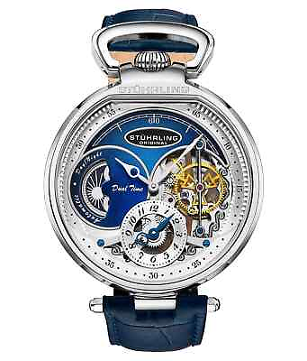 #ad Stuhrling 4033 2 Modena Automatic Dual Time Skeleton AM PM Blue Mens Watch $355.00