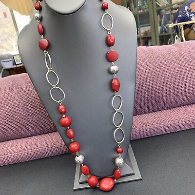 #ad Vintage Necklace ￼Tone chain ￼30” Silvertone Red Beaded Long Sweater Length￼ $16.58