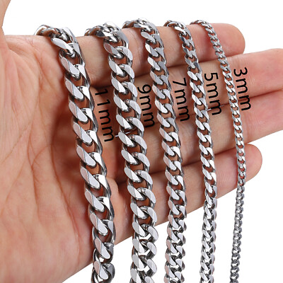 #ad 925 Silver Plated 16 24quot;Mens Cuban Curb Necklace Chain 3 5 7mm Stainless Steel $5.99