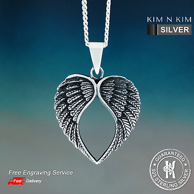 #ad Guardian Angel Wing Heart Pendant Necklace ✔️Solid 925 Silver ✔️Free Engraving GBP 54.50