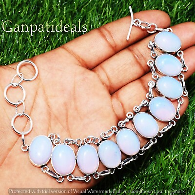 #ad Opalite Gemstone Fashion Big Bracelet 925 Sterling Silver Plated Jewelry $71.24