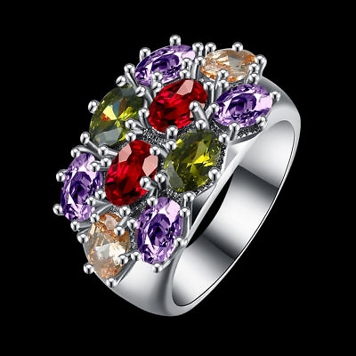 #ad 925 Sterling Silver Peridot Garnet Amethyst Wedding Engagement Charm Ring Size 9 $15.74