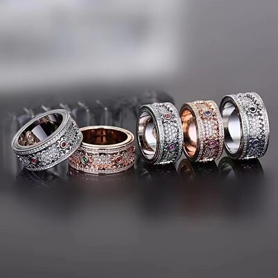 #ad 2024 New Gear Rotation Ring Couple Ring Full Diamond Rotation Anti Anxiety Ring $19.98