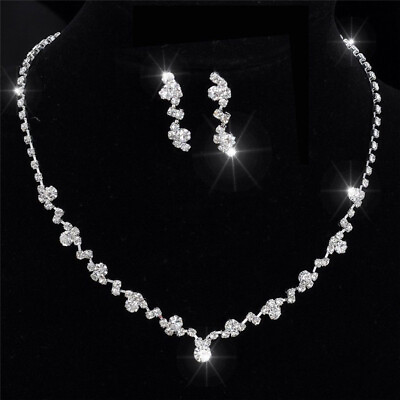 #ad Silver Bridesmaid Crystal Necklace Earrings Set Wedding Bridal Jewelry $8.03