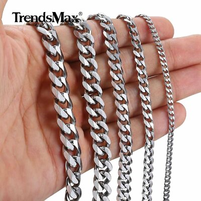 3 5 7 9 11MM Silver Stainless Steel Curb Cuban Link Necklace Mens Chain 18 36quot; $10.44
