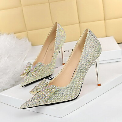 #ad Womens Bowknots Pointed Toe Pumps Stiletto Glitter Party Dress Shoes High Heels $44.89
