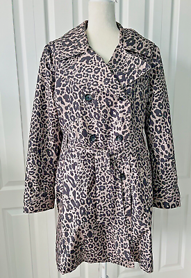 #ad Dana Buckman Women Leopard Print Trench Coat Trendy Jacket Large Taupe Black EUC $20.99