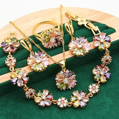 #ad #ad Women 925 Silver Gold Color Sets Zircon Bracelet Earrings Necklace Pendant Ring $34.67