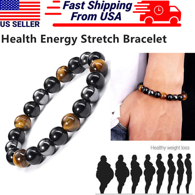 Energy Healing Stretch Bracelet Natural Stone Hematite Tiger Eye for Men Women $3.85
