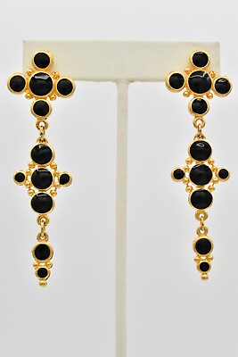 #ad Vintage Cross Dangle Earrings Brushed Gold Black Enamel Chunky NOS 1980s 9C $26.36