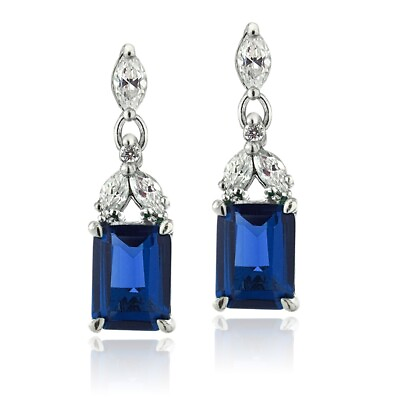 #ad 925 Silver Lab Created Blue Sapphire amp; CZ Rectangle Dangle Earrings $22.99