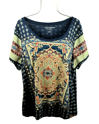 #ad Lucky Brand Women#x27;sT shirt 2X Green Blue Persian Print Top Pullover NWT $29.99