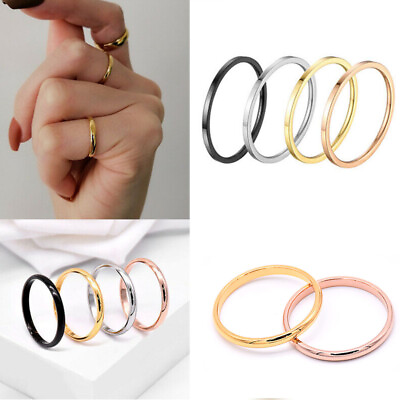 #ad Women Girl 2mm Thin Stackable Ring Stainless Steel Plain Band for Gift Size N $0.99