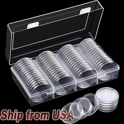 #ad 60Pcs 40mm Clear Coin Capsules Storage Box Holder Case Coins Container $11.59