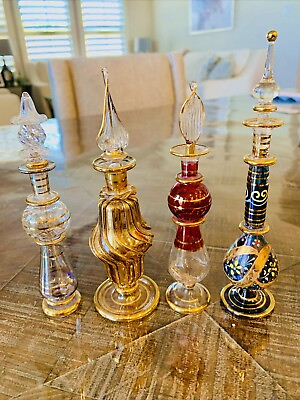 #ad 4 Egyptian Hand Blown Etched Glass Perfume Bottles Mixed Size Lot Gold Trim $59.00