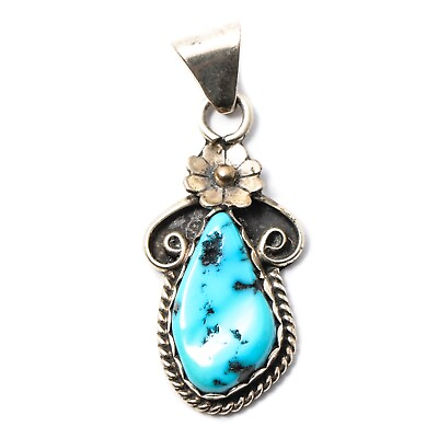 #ad Vintage Signed Jim Yazzie Sterling Silver Turquoise Pendant M112 $68.95