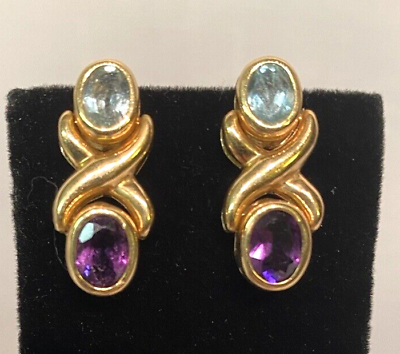 #ad 14K Gold Amethyst amp; Blue Topaz Drop Dangle Pierced Earrings $395.00