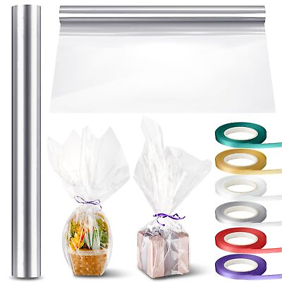 #ad Cellophane Wrap Roll with 6 Rolls Ribbons 16#x27;#x27; x 100ft translucent Cellophane... $17.46