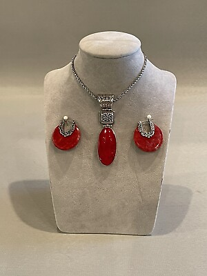 #ad Vintage Sterling and Red Stone Necklace and Earring Set $175.00